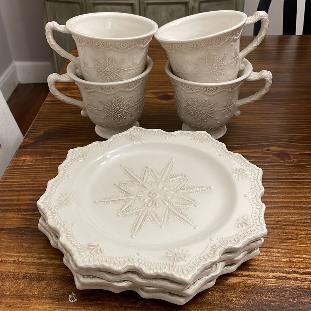 Cracker Barrell Seasonal Elegance Snowflake Plates, Mugs, Vases